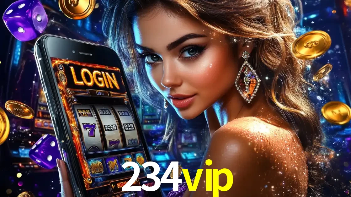 Mulher glamorosa segurando um smartphone com a tela de login para os jogos de caça-níqueis do cassino online 234vip, com moedas de ouro e dados ao redor.