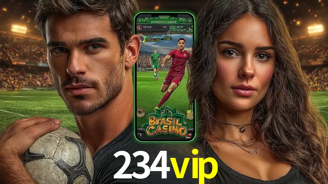 Homem segurando uma bola de futebol e uma mulher ao lado de um smartphone exibindo o jogo de apostas esportivas da 234vip. Faça seu palpite no cassino online.